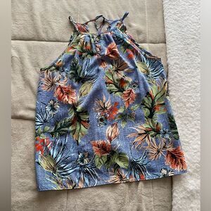 PaperMoon Floral Halter Neck Top - Blue and Orange Size Large